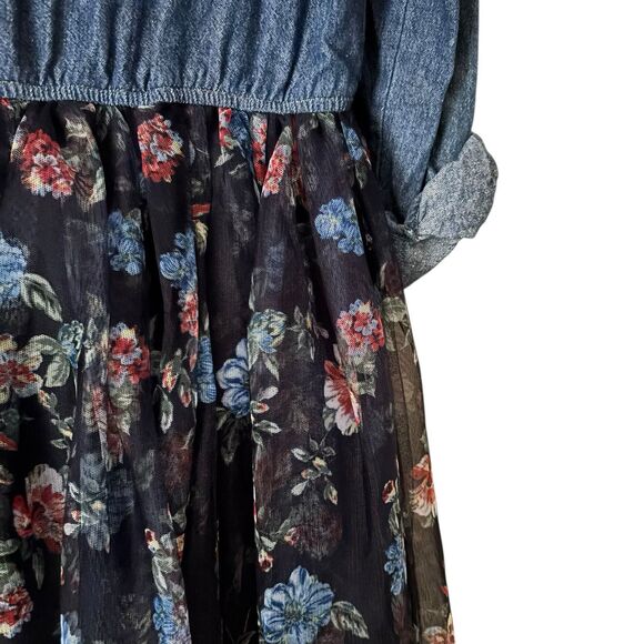 Zunie Dress Girls 12 Blue Denim Floral roll sleeve collared prairie farm casual - Picture 9 of 9